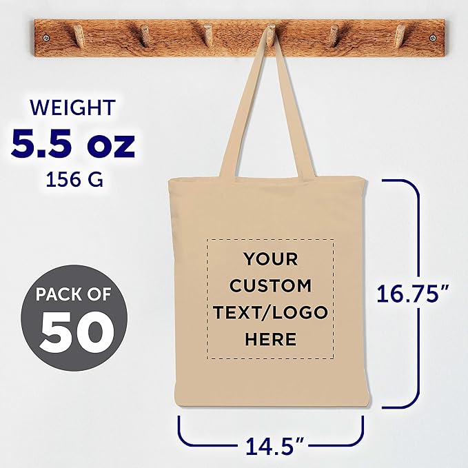 DISCOUNT PROMOS Custom Cotton Canvas Tote Bags Set of 50, Personalized Bulk Pack - Reusable, Great for Shopping, Grocery, Beach, Picnic, Wedding Favors - Natural