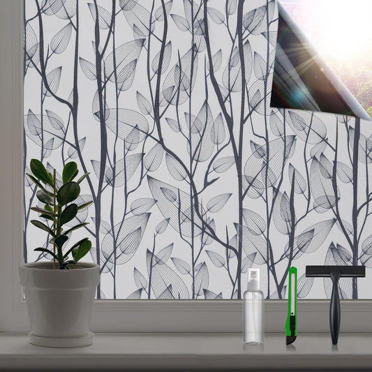 Leaf Pattern Window Tint with Installation Tools, Blackout Window Cover, Sun Blocking Window Tint for Home (Full Blackout Opaque, 35.4'' x 118.1'')