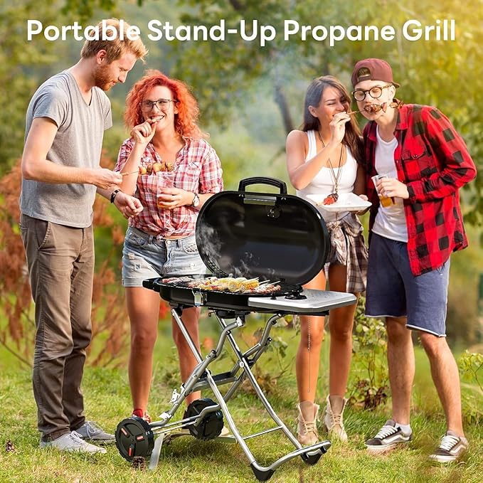 Propane Gas Grill, Portable BBQ Gas Grill with 348 Sq.In. Large Grilling Areas, 15000BTUs, Portable & Foldable BBQ Griddle for Outdoor Camping, Tailgating, Parties, Backyard, Black