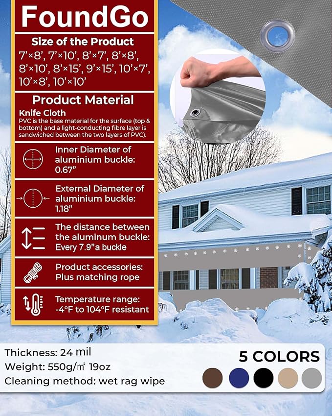 FoundGo 10'Hx07'W Vinyl Curtains for Patio 19oz, Outdoor Clear Vinyl Patio Enclosure,Heavy Duty Clear Tarp Waterproof Vinyl Tarps with Grommets for Pergola, Balcony,Porch,Gazebos，-4℉ Cold Resistant