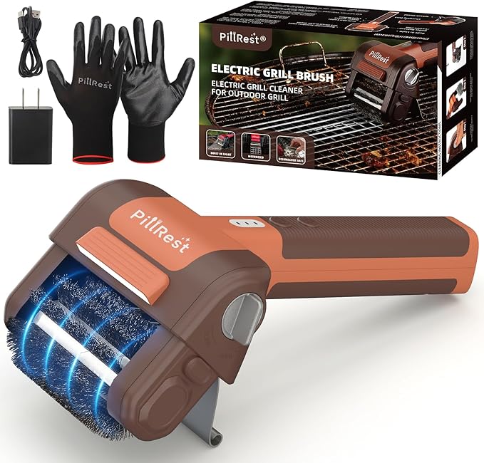 Electric Grill Brush, Cordless Rechargeable Grill Cleaner with LED Light - 950 RPM Spinning 304 Stainless Steel Head, Dishwasher-Safe BBQ Tool for Outdoor Grills