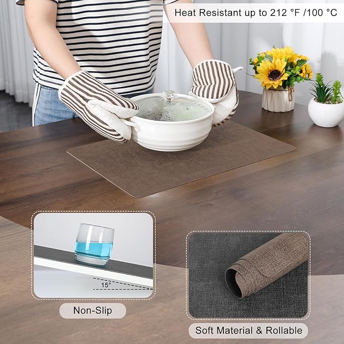 Myir JUN Placemats Dual Sided, Faux Leather Place Mats Set of 4 Indoor Placemat for Dining Table Outdoor Place Mat Square Non-Slip Washable Table Mats (Gray Brown, Set of 4)