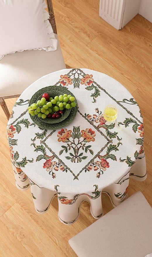 patdrea Designer Vintage Linen Round Tablecloth,French Floral Tablecloths,Wrinkle Free Table Cloth,Decorative Table Cover Cloth for Kitchen,Dining,Tea Party,Home,Christmas,Diameter 55"