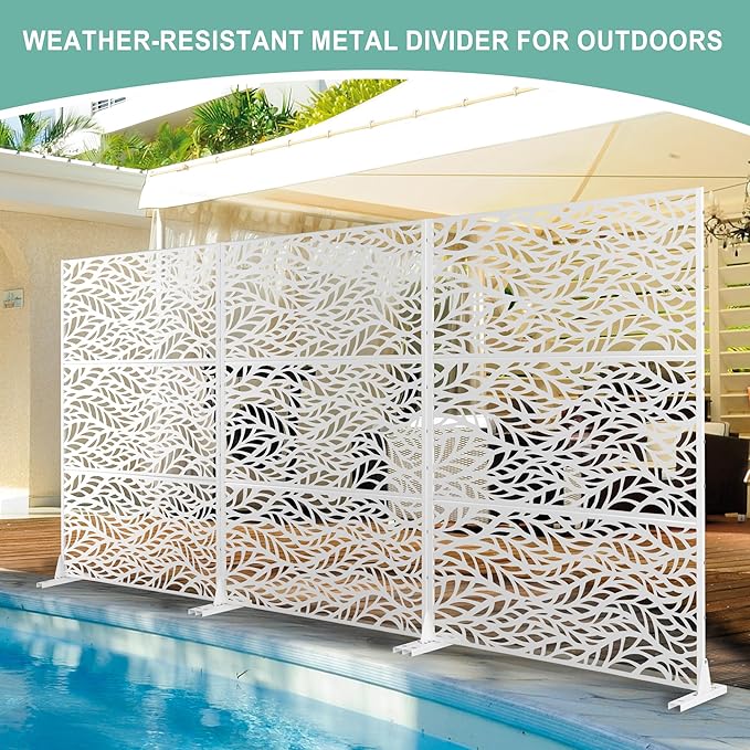 Metal Privacy Screen for Outdoor & Indoor Use, Free Standing Privacy Screen for Patio Garden Pool, 72" H x 47" W Decoative Privacy Panels, Weather Resistant, Easy Assembly (White Spring)