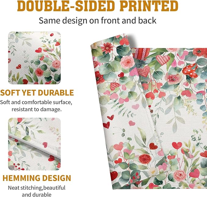 Valentines Eucalyptus Leave Placemats Set of 4, 12x18 Inch Valentine Heart Rose Floral Table Mats Spring Summer Washable Heat Resistance Place Mats for Kitchen Dining Indoor Decor
