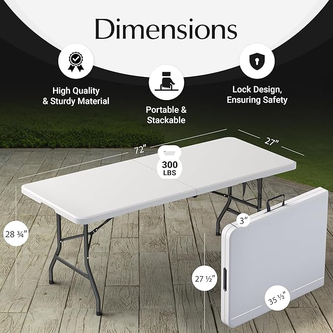 10 Pack of 6 Feet Foldable Table with Built in Handle & Steel Legs | Heavy Duty Portable | Perfect for Party, Dining, Wedding, Events, Picnic Indoor, Outdoor, Camping, Utility, Temporary