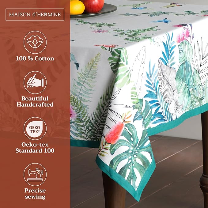 Maison d' Hermine Table Cloth Square Table 100% Cotton 60 x 60 Inches Tablecloth Reusable Decorative Everyday Use for Dining Room, Farmhouse, Home, Party, Festive & Wedding Spring Summer - Tropiques