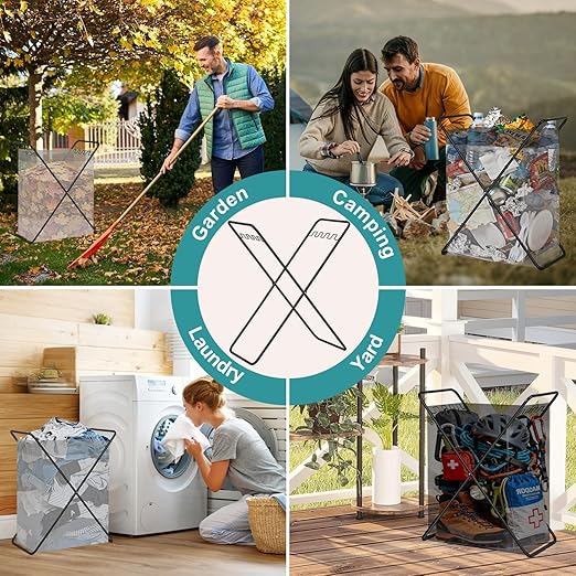 Trash Bag Holder Stand, Foldable Metal Garbage Bag Frame Fits 30-50 Gallon, Portable Yard Leaf Bag Holder for Lawn Cleanup, Camping, Weeding, Parties