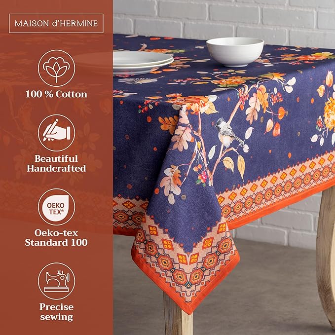 Maison d' Hermine Table Cloth Rectangle Table 100% Cotton 60 x 120 Inches Fall Tablecloth Reusable Everyday Use for Thanksgiving Christmas Decorations Dining Farmhouse Party (Kelim - Infinity)