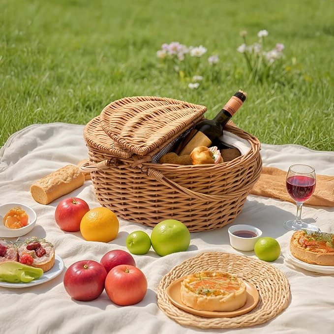 GRANNY SAYS Picnic Basket, Wicker Basket with Insulated Cooler, Woven Cute Basket with Handle, Storage Basket with Washable Lining & Dual-Flid Lid, Natural Willow Picnic Hamper