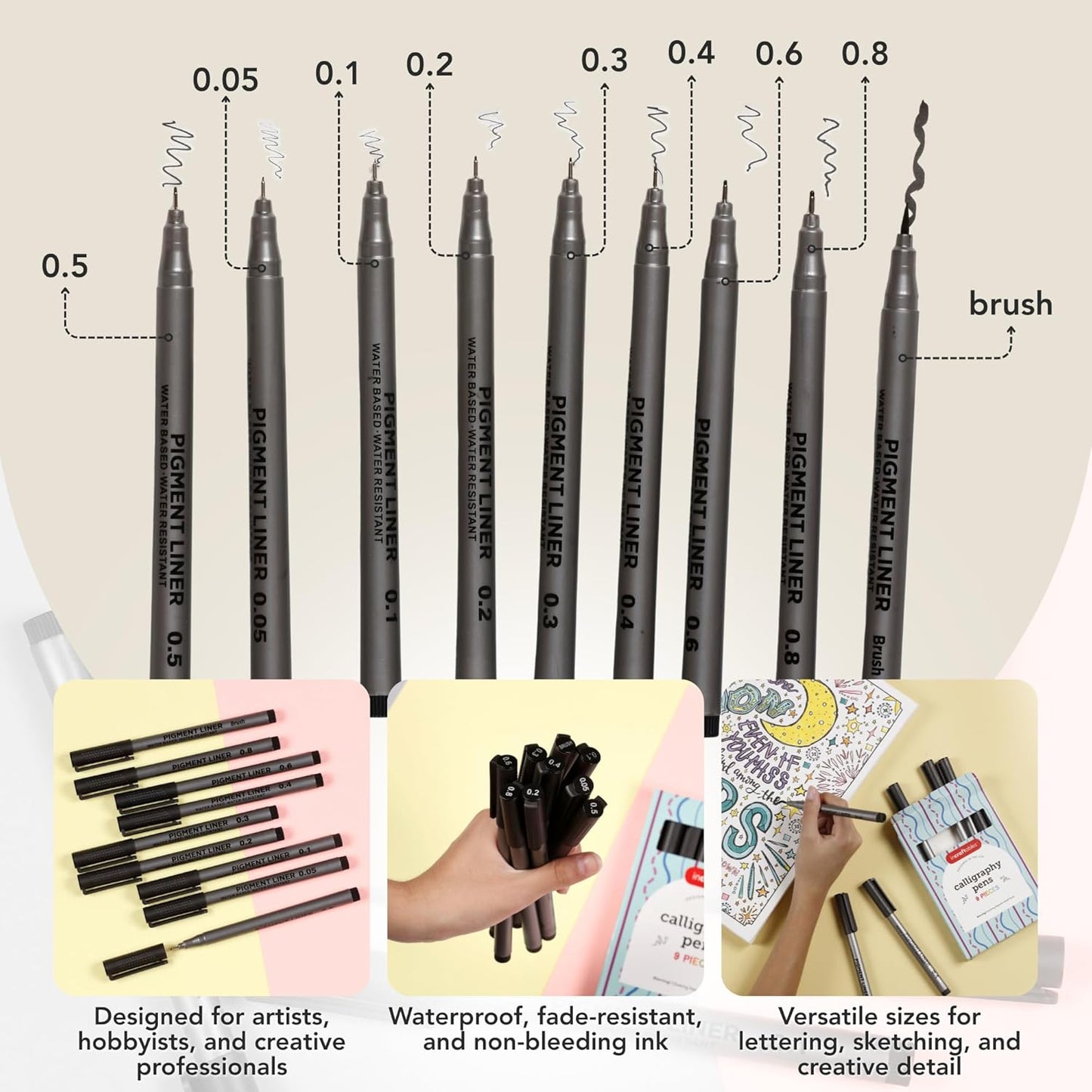 Incraftables Calligraphy Brush Pens – Pack of 9 Assorted Tips – Black Chisel Tip Markers for Hand Lettering, Writing, Sketching, Scrapbooking, & Art Projects – Beginner Kit for Kids & Adults