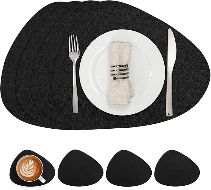 Placemats and Coasters, Washable Reversible Placemats Round Faux Leather Wipeable Place Mats Non Slip Heat Resistant Indoor Outdoor Table Mats (Set of 4, Black)