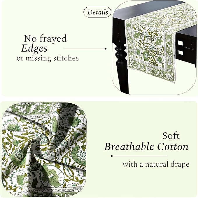 CPC Cotton Table Runner 16x72 Inch Block Printed Long Fall Table Runner for Dining Table, Card Table, Coffee Table, Wedding, Farmhouse & Outdoor Barbeque-Agate Green