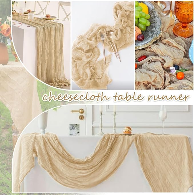 20 Packs Cheesecloth Table Runner 10FT Long Boho Gauze Fabric Table Runner Vintage Rustic Sheer Runners for Wedding Party Bridal Baby Shower Table Decorations (Beige)