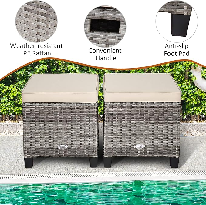 Tangkula 2 Pieces Patio Rattan Ottomans, Outdoor Wicker Footstool Footrest Seat with Soft Cushions and Steel Frame, All-Weather Patio Ottoman Set for Backyard Garden Poolside