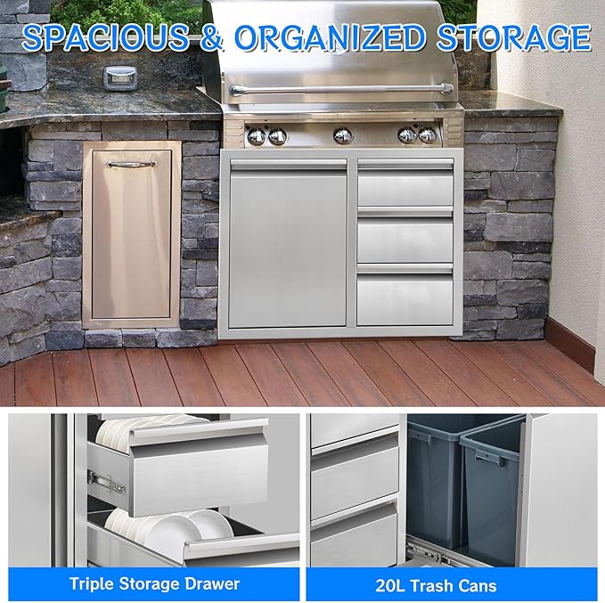 Outdoor Kitchen Drawer Combo, Stainless Steel Triple Drawer Cabinet with Built-in Trash Drawer & Two Trash Cans, 28" W x 22" H x 19.5" D Outdoor Kitchen Storage for BBQ Grill Islands