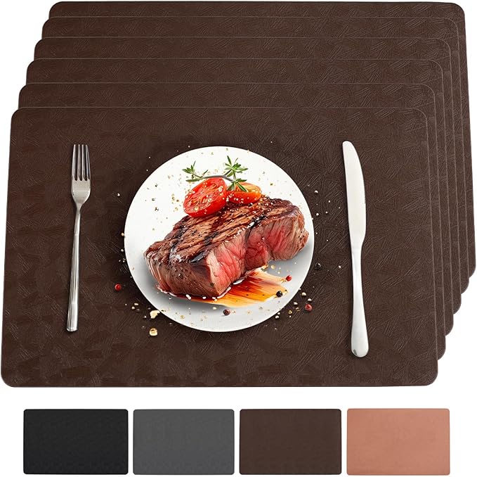 Vinyl Placemats Set of 6 Heat Resistant Easy Clean Non-Slip Place Mats for Dining Table. Faux Leather Waterproof Stain Resistant Wipeable Washable PU Table Mats(6, Brown)