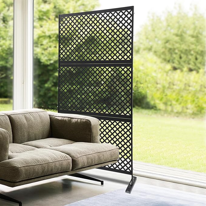 75" H×35" W Decorative Outdoor Privacy Screen with Stand, Outdoor Decor Privacy Fence Screen Metal Fence Panels, Free Standing Metal Divider for Patio Lawn Deck (Black-Small Square)