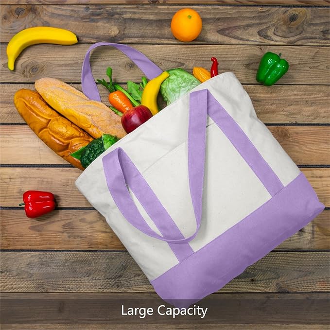 TOPDesign 1-Pack Canvas Tote Bag with an External Pocket, Reusable Grocery Shopping Bag, Top Zipper Closure, Daily Essentials (Lavender/Natural)