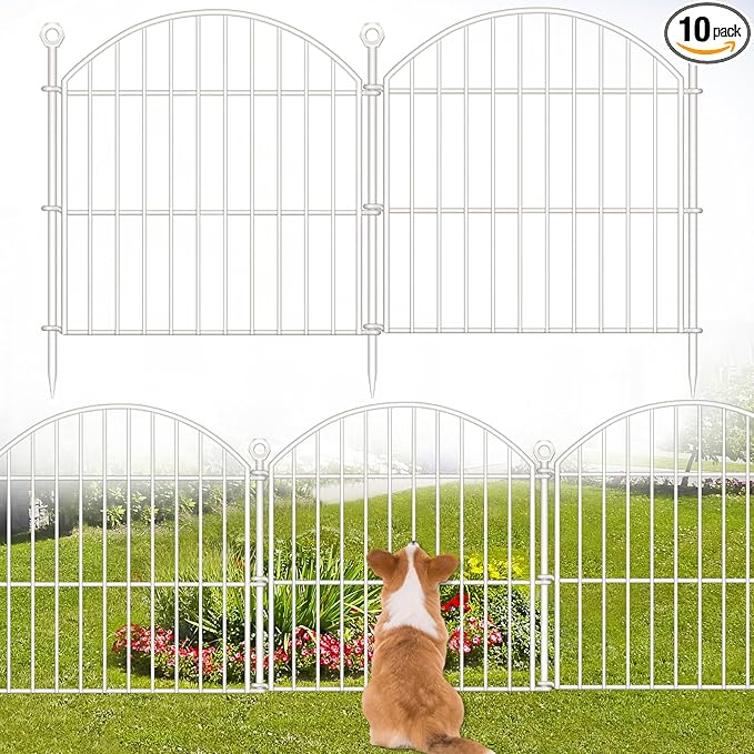 Decorative Garden Fence 24in (H) x20ft (L), 10 Pack No Dig Fence Animal Barrier for Dog, Arched Flower Bed Edging, Wire Border Panel Fencing for Yard Patio Outdoor Decor White