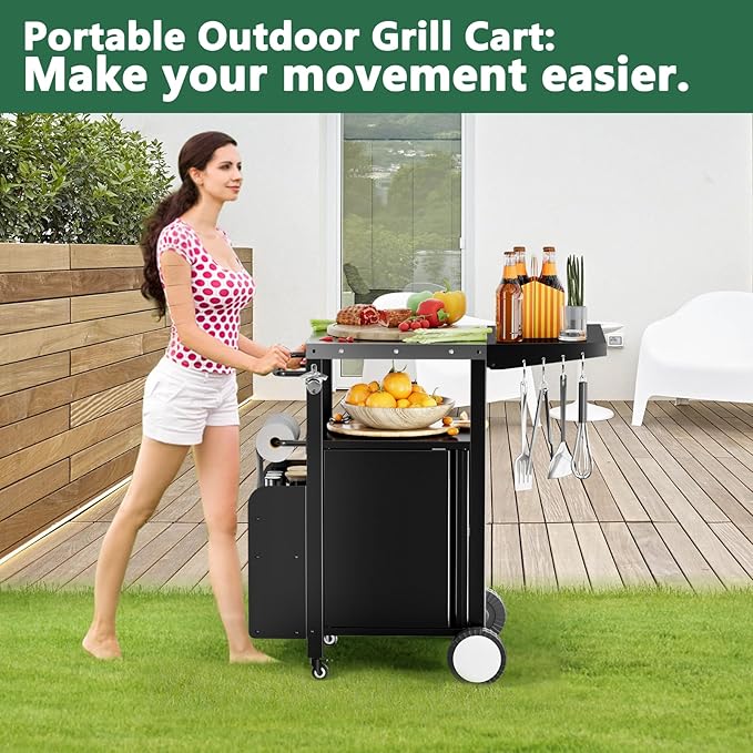 ROOMTEC Outdoor Grill Cart with Storage,Movable Modular BBQ Cart,Waterproof Patio Kitchen Island with Hooks and Spice Rack,Bar Patio Kitchen Island Prep Stand Cabinet with Cover