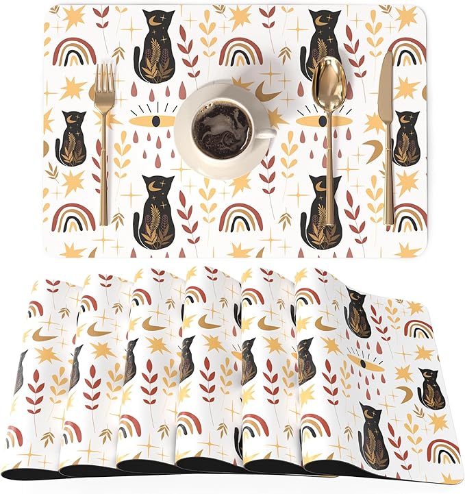 QIYI Placemats Set of 6, 12x18 Inch Faux Leather Place Mats for Kitchen Dinning, Heat Resistant Anti Slip Folk Table Mats, Waterproof Wipeable Washable Placemat Party Table Décor, Boho Black Cats