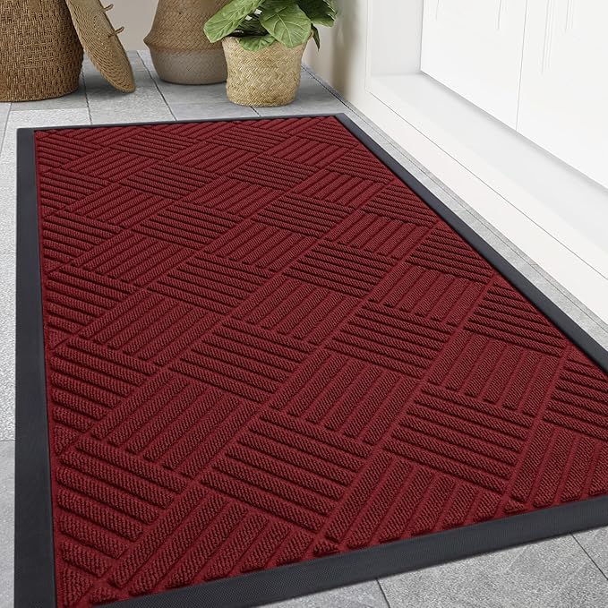 Smiry Front Door Mat Outside Entrance, Heavy Duty Outdoor Indoor Mat, Natural Rubber Doormat, Non Slip, Trap Dirt and Moisture, Easy Clean, Low Profile Patio Porch Entryway Mat, 47x32, Wine Red