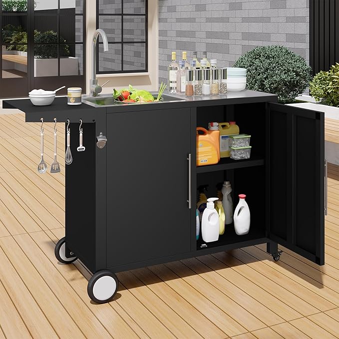 Grill Table with Sink, Outdoor Stainless Steel Kitchen Island Cabinets Sink Station with Hose Hook up & Lockable Casters, Rolling BBQ Table for Backyard
