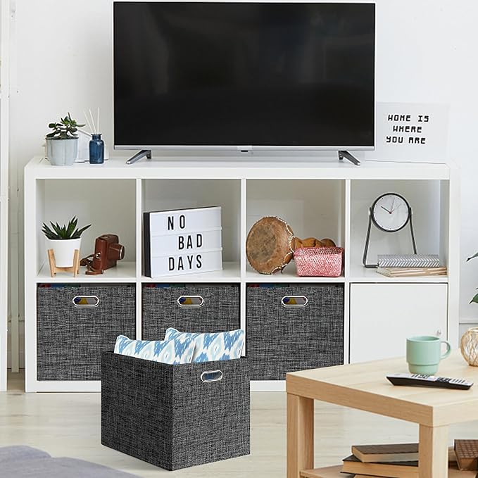 Posprica 13x15x13in Collapsible Storage Bins, Fabric Foldable Cube Storage Boxes, Decorative Storage Baskets Organizer for IKEA Kallax, Shelves, Closet, Clothes, Toy, Set of 4-Black