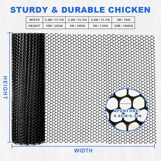 Plastic Chicken Wire Mesh Fence Roll with Zip Ties,15.7inx32.8ft Black,Chicken Wire Fencing,Garden Fence Animal Barrier for Dogs, Cats & Poultry,Easy Install