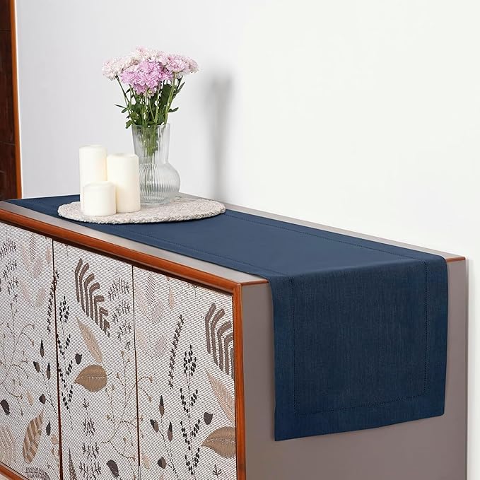 D'Moksha Homes Linen Navy Blue Table Runner 132 Inches Long - 100% Pure Linen Extra Long Table Runner 14 x 132 Inch for Easter - Classic Hemstitch