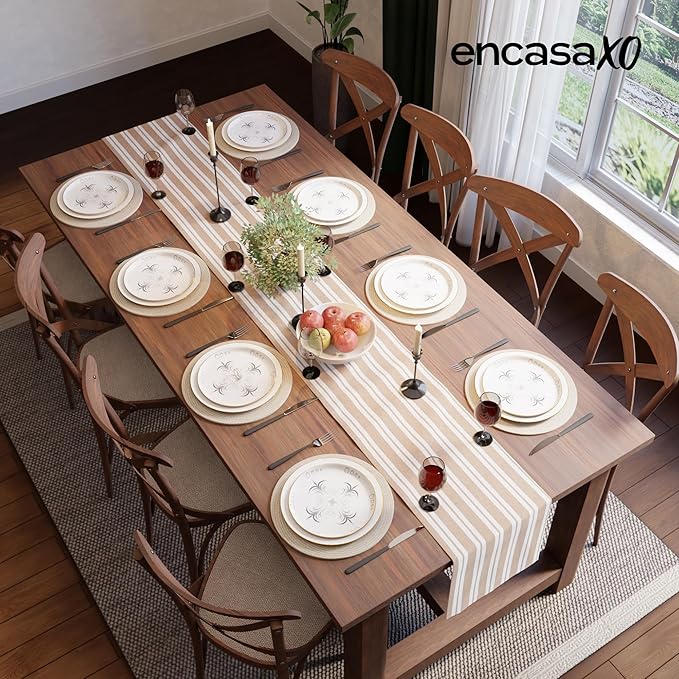 Encasa XO Cotton Dining Table Runner | Franca Beige Stripes | Size 13x72 in - Machine Washable & Durable