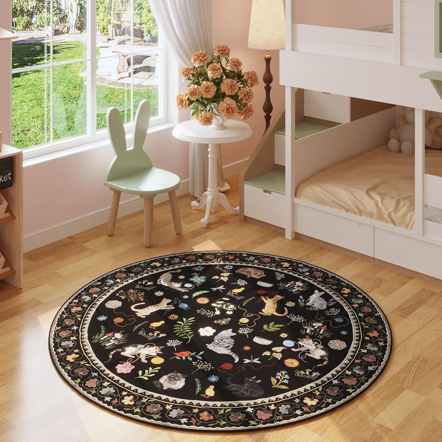 Rugcomf Round Rug 4ft Washable Circle Rug Non Slip Low Pile Boho Floral Animal Cat Small Circular Rug for Bedroom Bathroom Entryway Kids Room Office College Dorm, Black