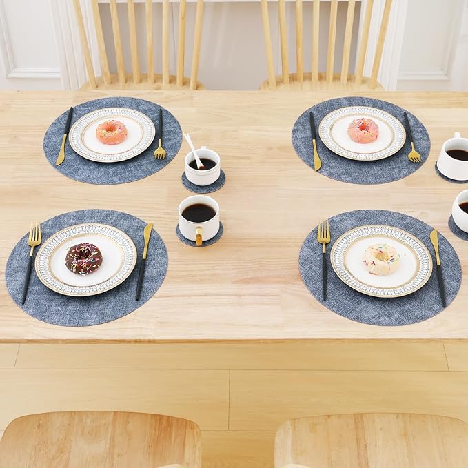 Homaxy Round Faux Leather Placemats and Coasters, Washable Dual-Side Table Mats, Wipeable Heat-Resistant Dining Place Mats for Outdoor and Indoor, Set of 12, Diameter 13 and 3.93 inch, Blue