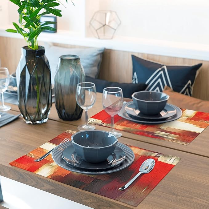 Modern Art Placemats Set of 4 Red Abstract Painting Place Mats Washable Linen Placemat for Kitchen Dining Table Home Party Banquet Decor 18x12 Inches