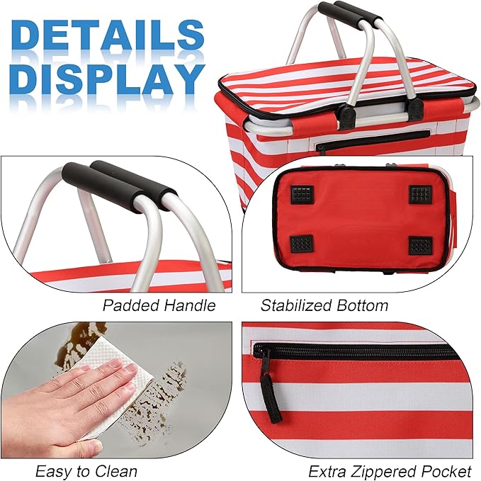 SIYUAN Picnic Basket with Handles 30L Leakproof Insulated Cooler Stripped Grocery Shopping Market Tote for Family Red White