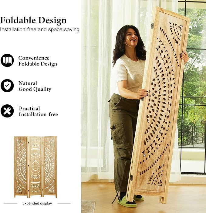 Room Divider Wood Carved Wall Divider Indoor Folding Bohemian Style Portable Partition Screen for Home Office Garden Terrace - 3 Panels (Natural)