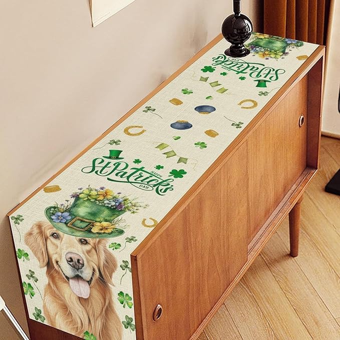 St.Patrick's Day Table Runner,Sharmrock Dog Hat Golden Retriever Beige Rustic Table Center Decor for Home Kitchen Dining Patio Holiday Party Indoor Table Decorations, 13"x36"