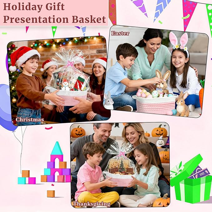 Succwoah 8 Pack Small Woven Baskets with Gift Bags & Ribbons & Cards, Cotton Rope Nursery Storage with Handles, 12"x8"x5", Empty Gift Baskets for Baby Shower, Christmas, Thanksgiving, Organizer (Pink)