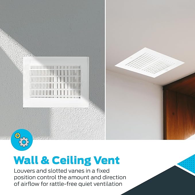 EZ-FLO 8 x 6 Inch (Duct Opening) Air Vent Cover for Wall or Ceiling, Two-Way Ventilation Register, Solid Steel HVAC Register Cover, White, 61661