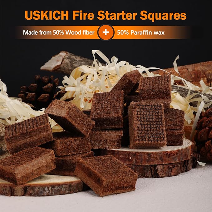 USKICH Fire Starter Squares 72Pcs,Natural Fire Starters for Campfires,Grill,BBQ,Wood Stove -Waterproof,Weather Resistant Fire Starters for Fireplace-Camping Firestarter Cubes Accessories Kit