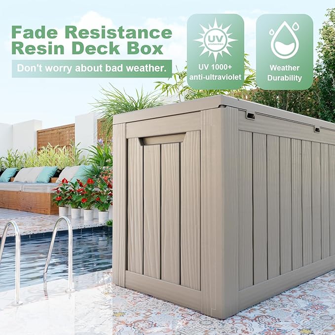DRATO 80 Gallon Large Deck Box, Outdoor Storage Box for Patio Furniture, Patio Cushions, Gardening Tools, Pool Supplies 480lbs Weight Capacity,Waterproof Resin Storage Boxes（Gray，80 Gallon）