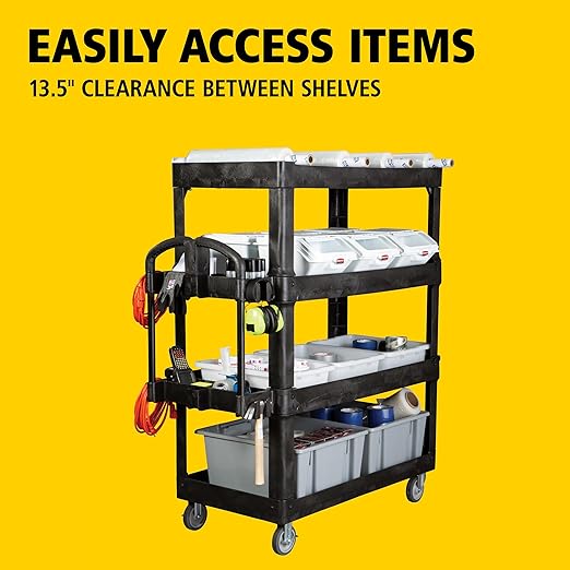 New Rubbermaid Commercial Products 4-Shelf Utility/Service Quad Cart, Heavy Duty Large, Lipped Shelf, Ergonomic Handle, 700 lbs. Capacity, for Warehouse/Garage/Cleaning/Manufacturing (2128657) Black
