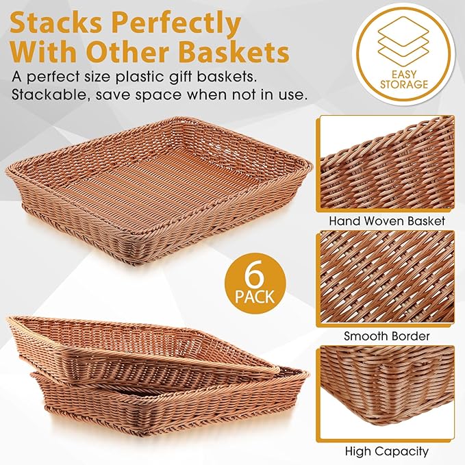 Eccliy 6 Pack Poly Wicker Bread Baskets 19 Inch Imitation Rattan Serving Trays for Bread Snacks Fruit Vegetables Tabletop Display Basket for Kitchen Restaurant Home Hotel