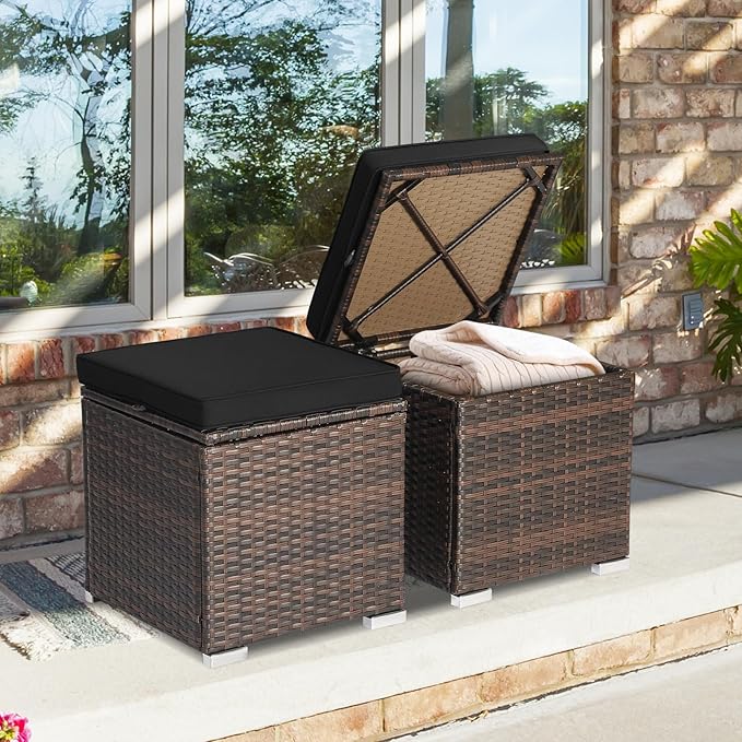 Tangkula 2 Pieces Patio Ottomans, Patiojoy Hand-Woven PE Rattan Side Table with Removable Cushion & Hidden Storage Space, Multifunctional Storage Box, Seat for Patio, Backyard, Poolside (Black)