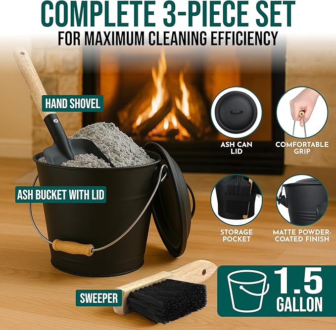 Smedley & York Mini Ash Bucket with Lid, Includes Fireplace Tools, Pail, Shovel and Broom, 1.5 Gallon Charcoal Metal Bucket with Lid, Coal Bucket and Ash Can, Galvanized Iron Ash Bucket for Fireplace