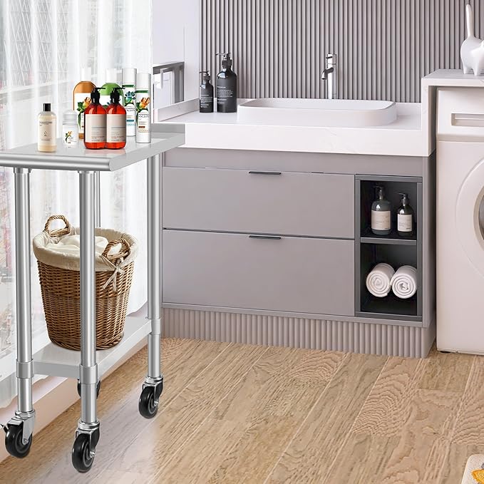 HARDURA Stainless Steel Commercial Work Table with Wheels Prep & Work Metal Table 30×12 Inches Heavy Duty NSF with Casters and 2" Backsplash