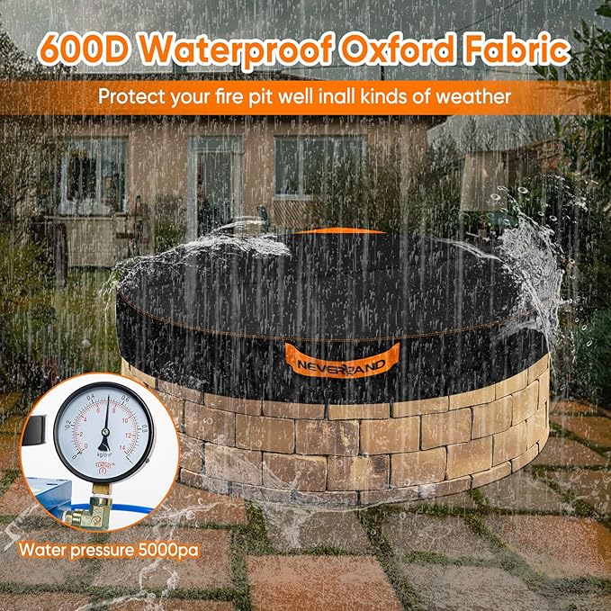 NEVERLAND Round Fire Pit Cover for In-Ground Fire Pits, 52-57 Inch Heavy Duty 600D Waterproof Outdoor Firepit Cover, Fits Built-In Stone Fire Pits, Orange