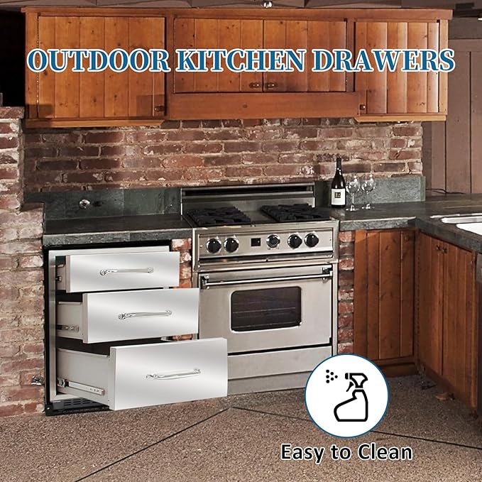 Outdoor Kitchen Drawers 20"Wx27"Hx23"D Flush Mount Access 3-Drawer BBQ Stainless Steel Drawers with Handle for Outdoor Kitchen Island or Grill Station