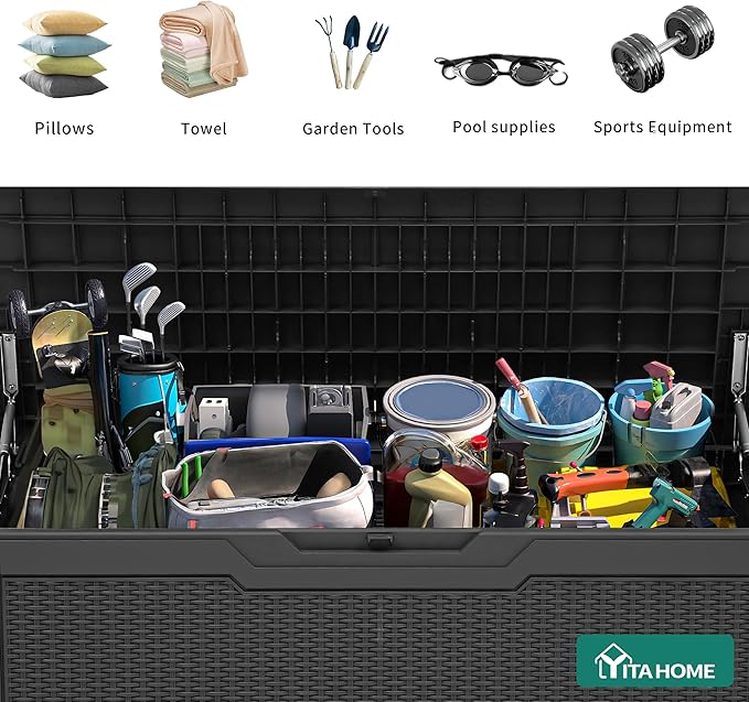 YITAHOME 80 Gallon Resin Deck Box, Weather Resistant Outdoor Rattan Storage Box, Lockable Indoor Outdoor Storage for Supplies and Essentials, Dark Gray